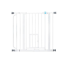 Carlson pet gate front view demonstrates adjustable doorway barrier for wide openings