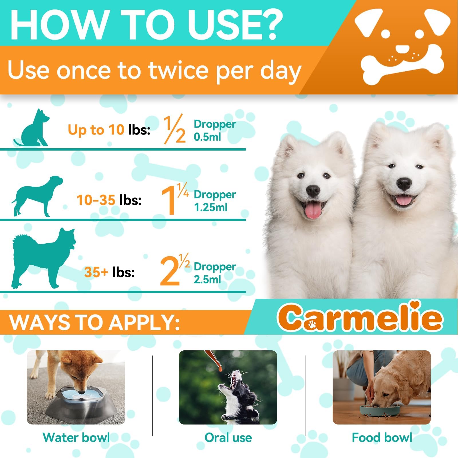 Carmelie product image promoting safe use for all breeds and ages.