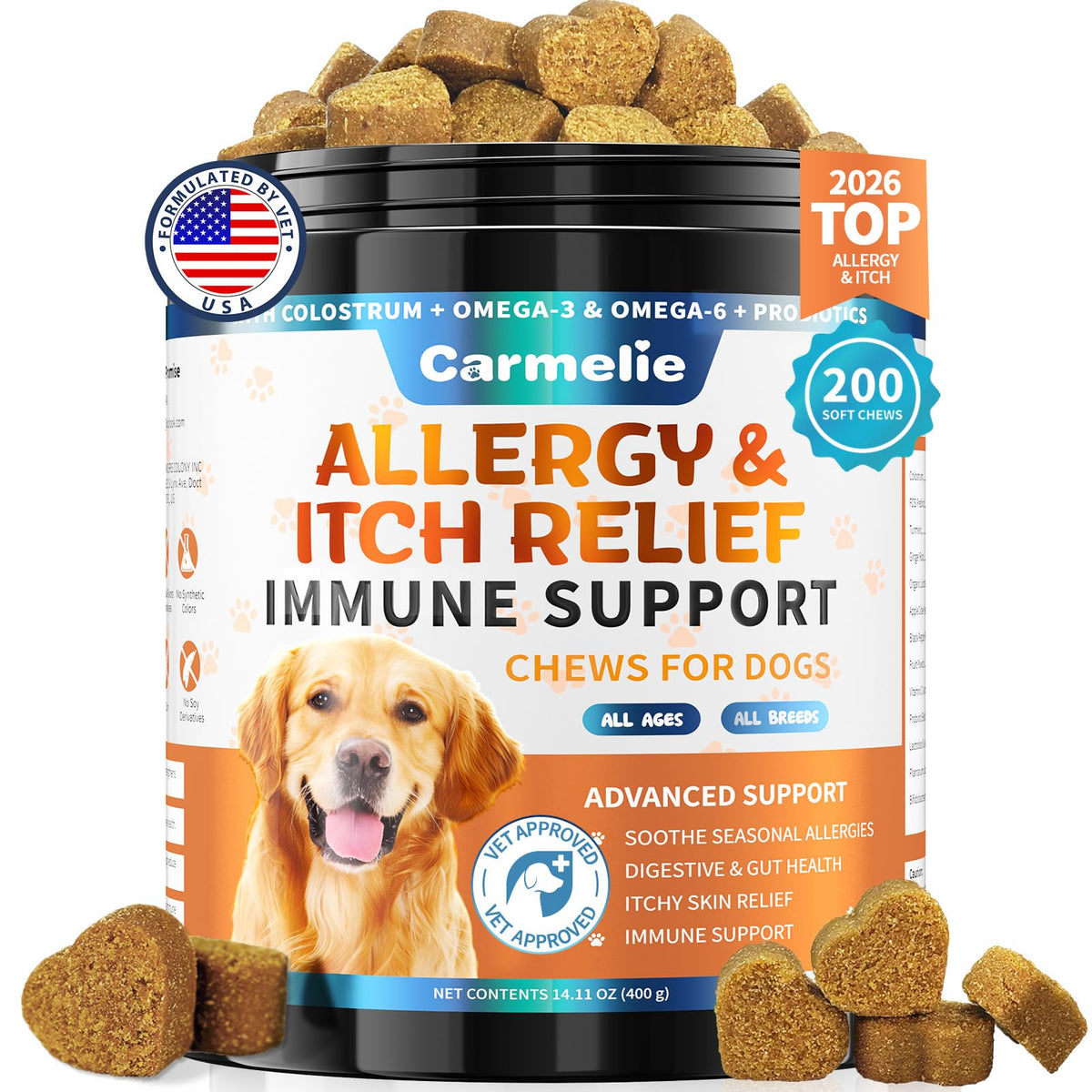 Carmelie allergy relief chews bottle close-up for itch relief and easy feeding