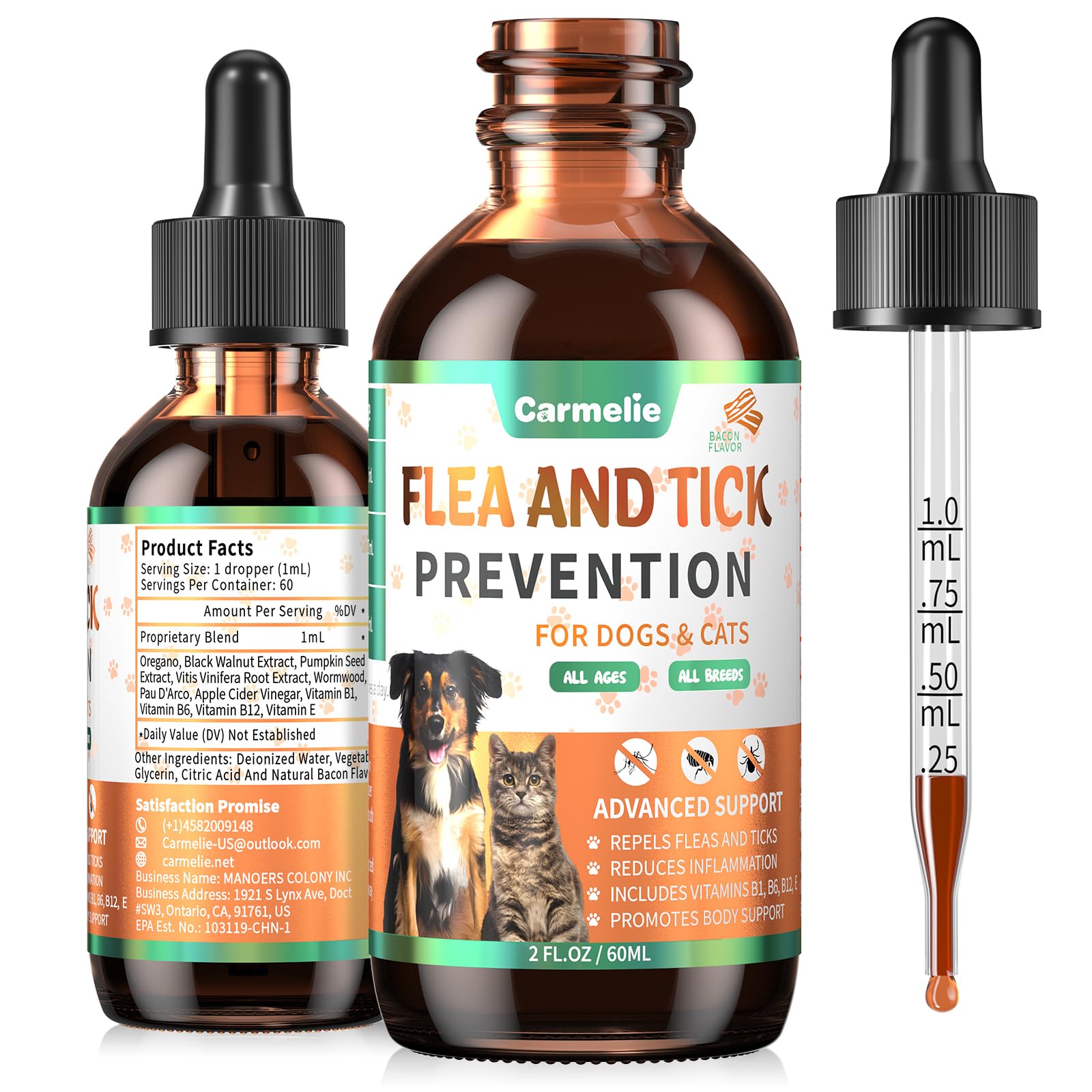 Carmelie bacon-flavored flea ticks drops bottle for easy daily pet protection.