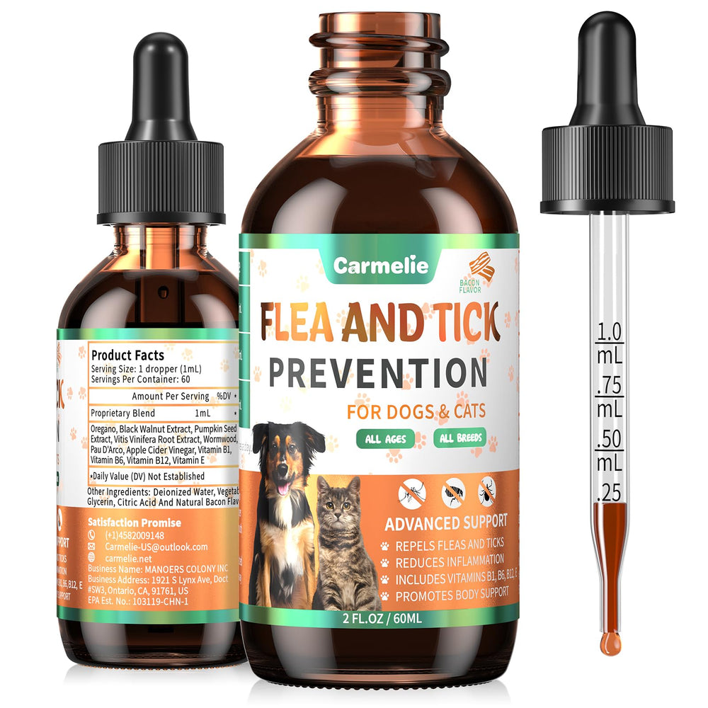 Carmelie bacon-flavored flea ticks drops bottle for easy daily pet protection.