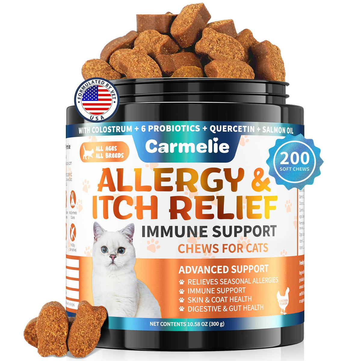 Carmelie Cat Allergy Chews bottle shows easy-to-use packaging for daily support.