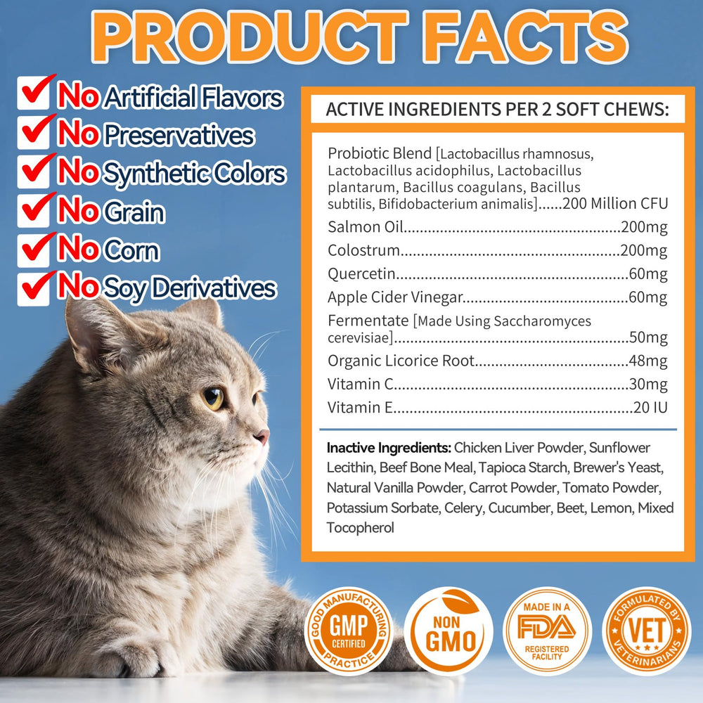Carmelie Cat Allergy Chews omega-3 and probiotics support natural defenses.