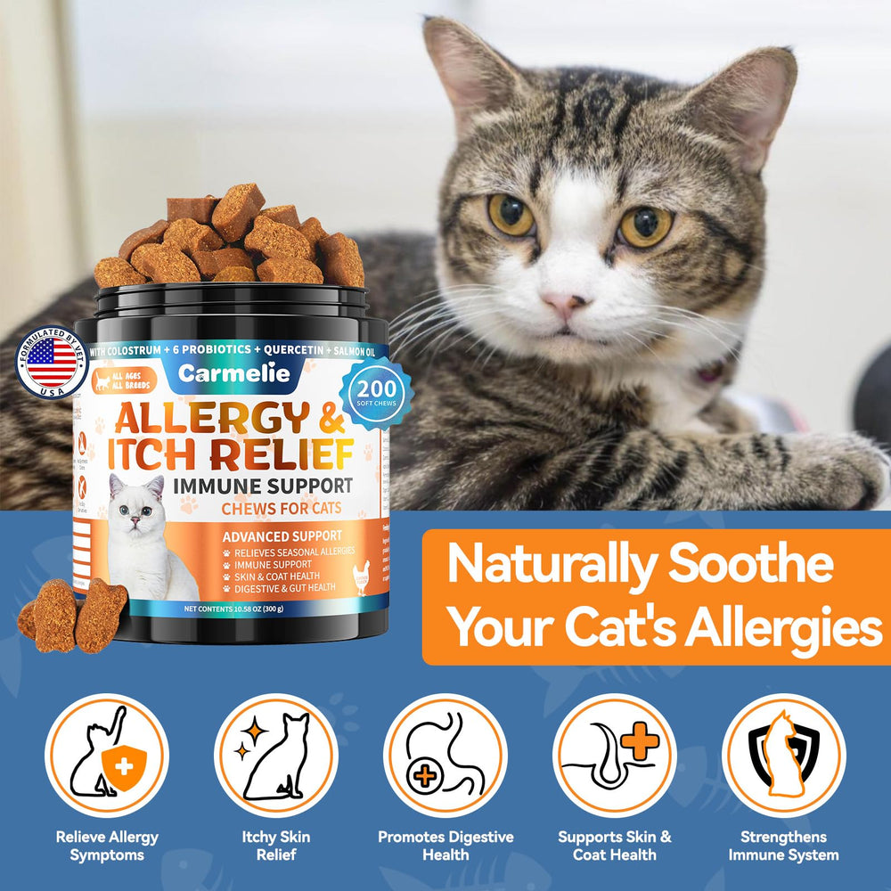 Carmelie Cat Allergy Chews paw licking relief focus supports comfortable daily activity.