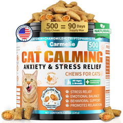 Carmelie Cat Calming Treats jar front for easy daily calm and stress support.