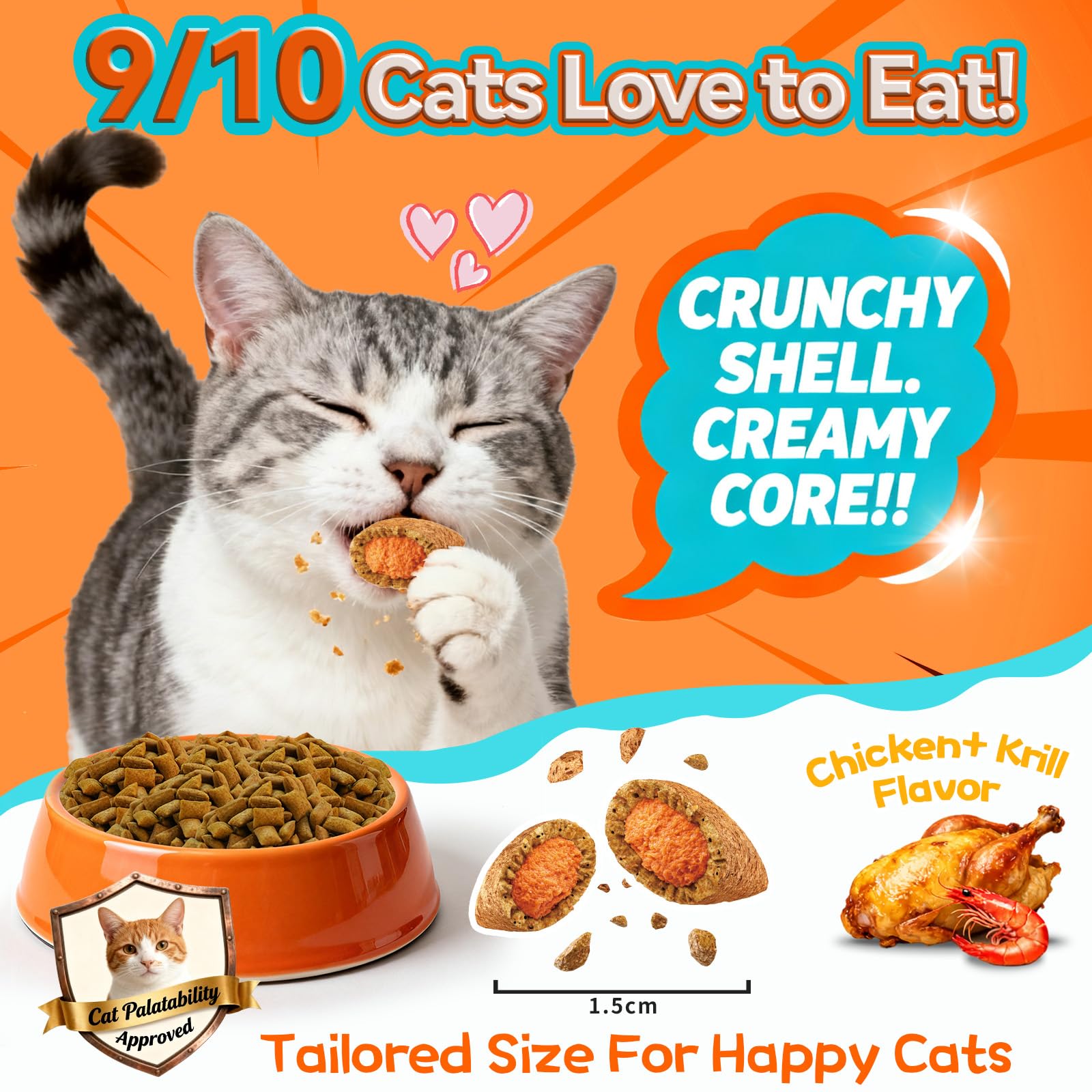 Carmelie calming center krill-filled bite appealing to anxious cats.