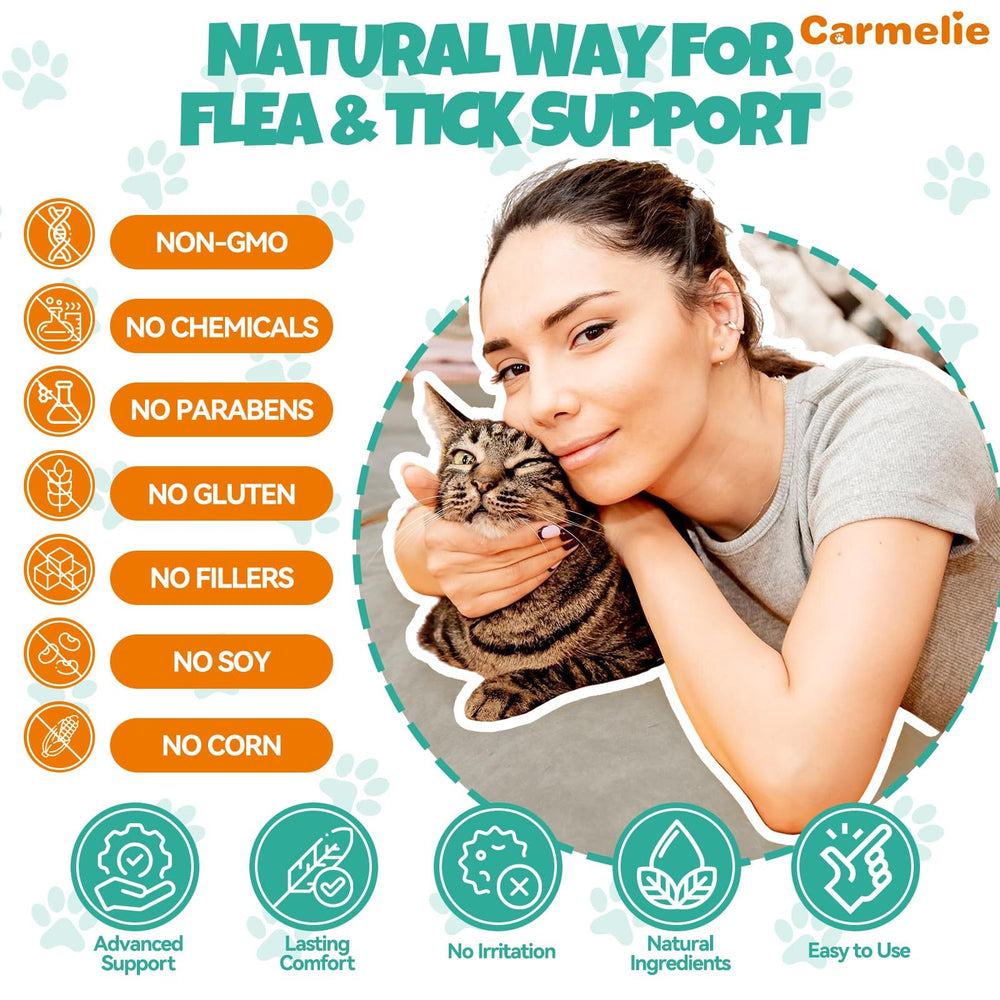 Carmelie cat-coat-shine image promotes a glossy coat after use.
