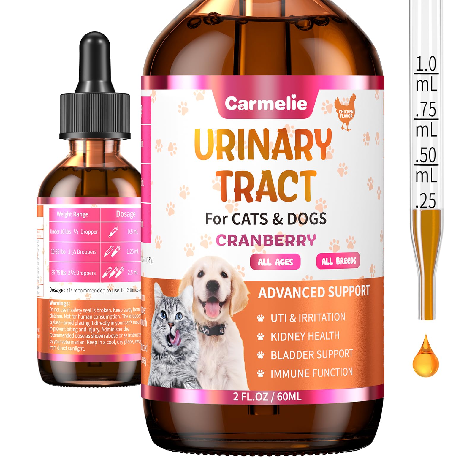 Carmelie urinary drops bottle with cranberry blend for urinary support