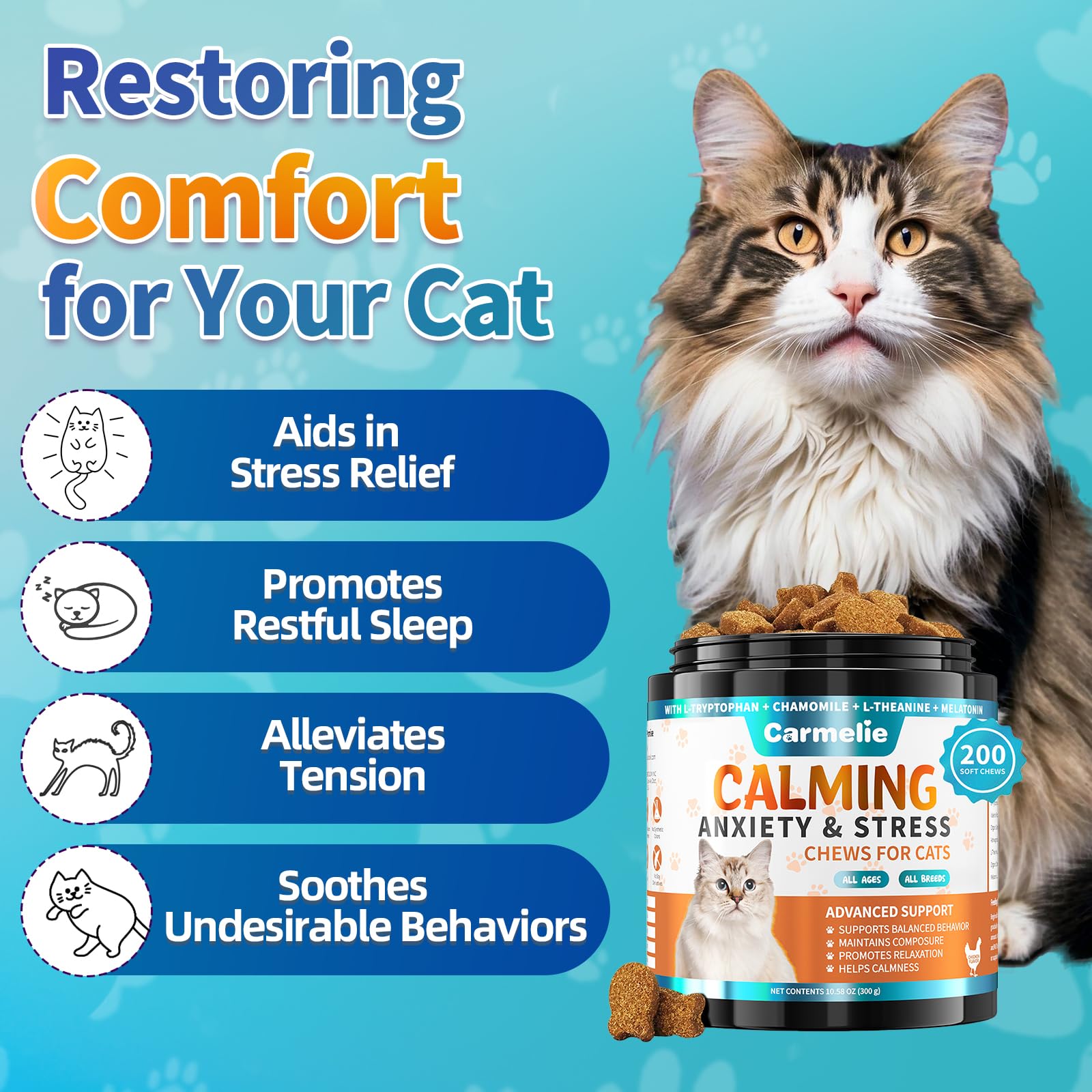 Carmelie bottle back showing ingredients for anxious cats