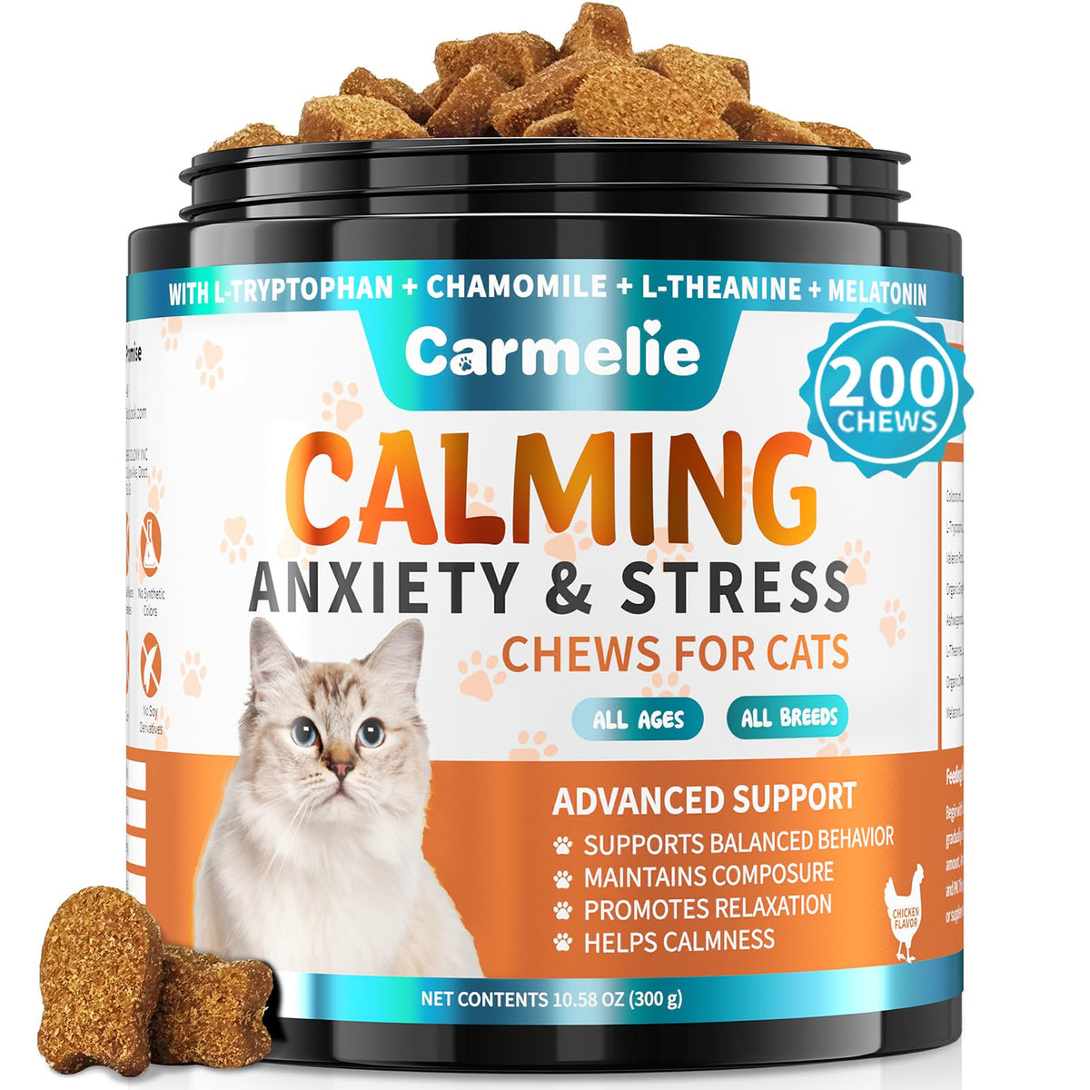 Carmelie calming treats bottle front for stress relief in cats