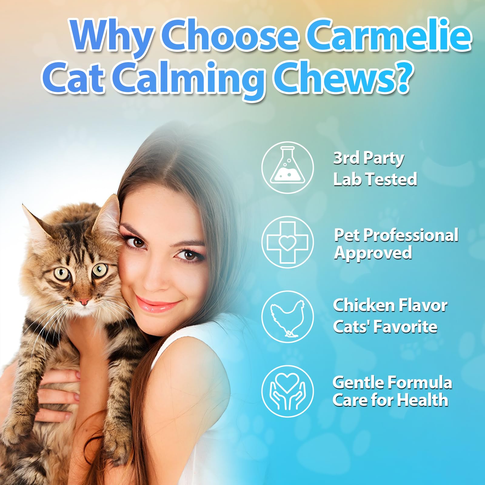 Young cat enjoying Carmelie calming treats during grooming