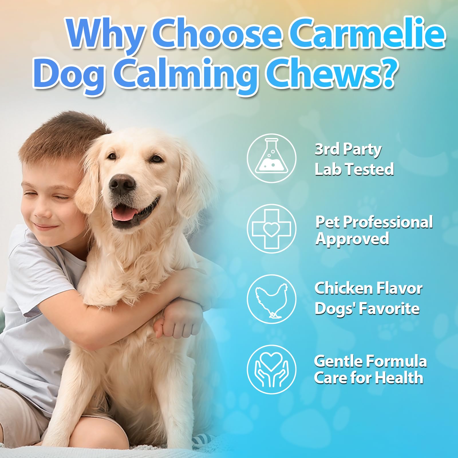 Dog barking less at home with Carmelie calming chews.