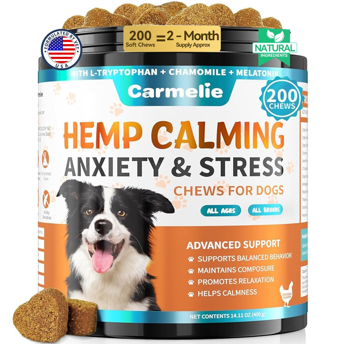 Carmelie dog calming chews packaging highlighting natural ingredients and chicken flavor.