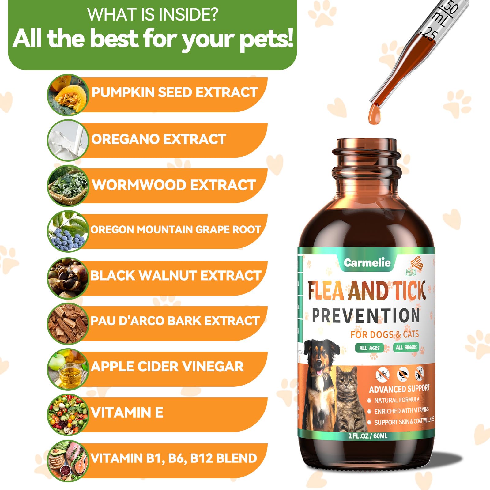 Carmelie dog-cat oral supplement being mixed into food for easy dosing.