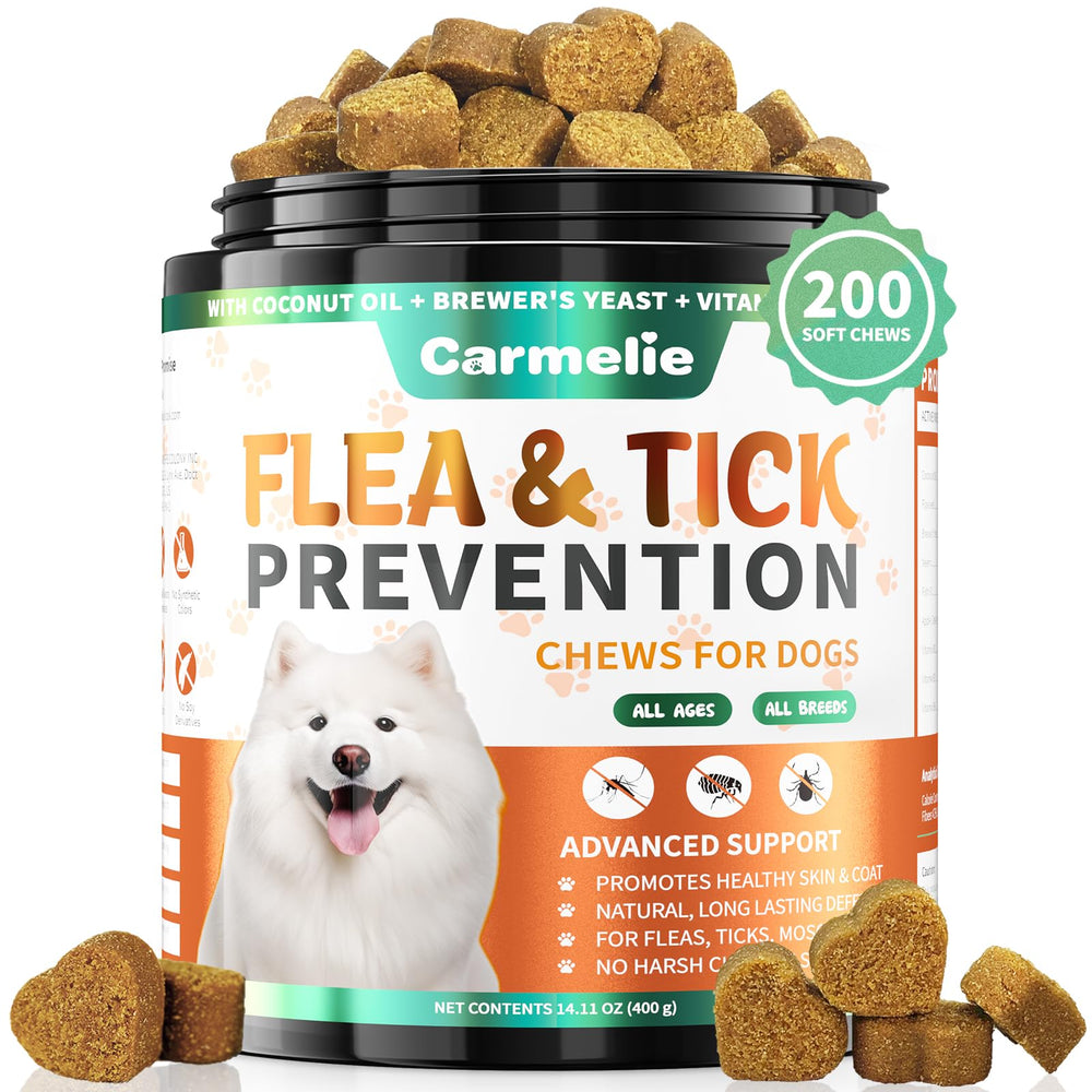 Carmelie flea chews pack open showing 200 treats for protection.