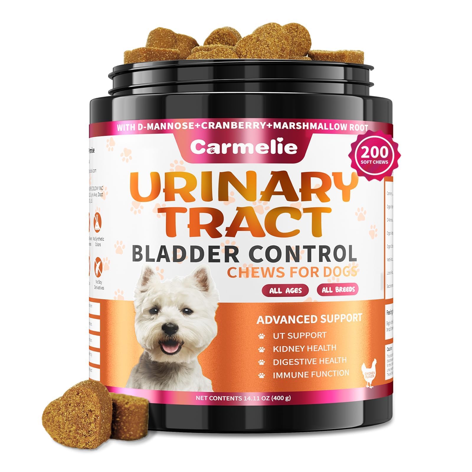 Carmelie dog urinary tract supplement bottle promotes convenient urinary support.