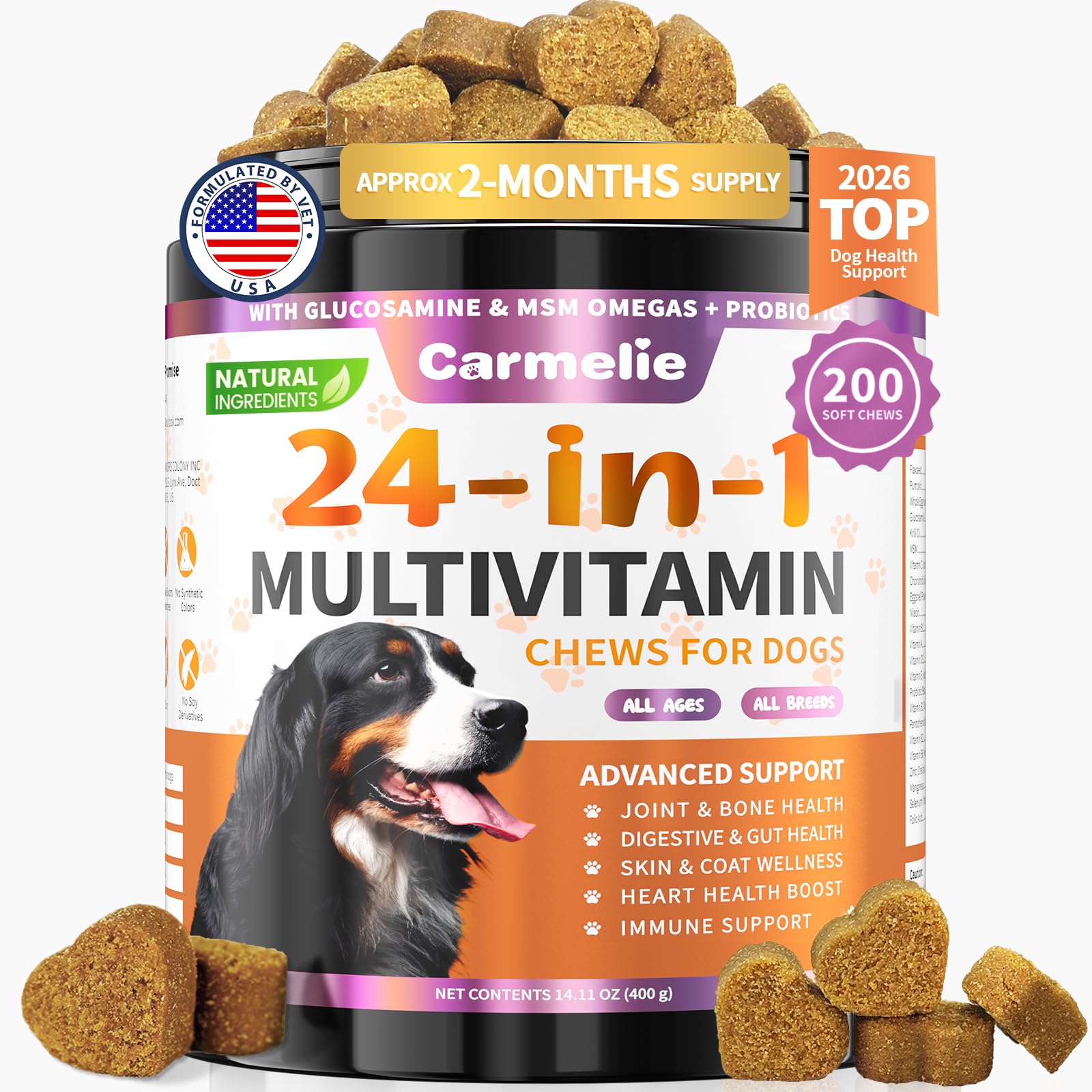 Carmelie 24-in-1 dog vitamins chicken chews in bottle for overall wellness