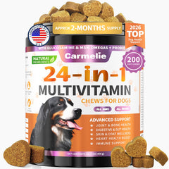 Carmelie 24-in-1 dog vitamins chicken chews in bottle for overall wellness