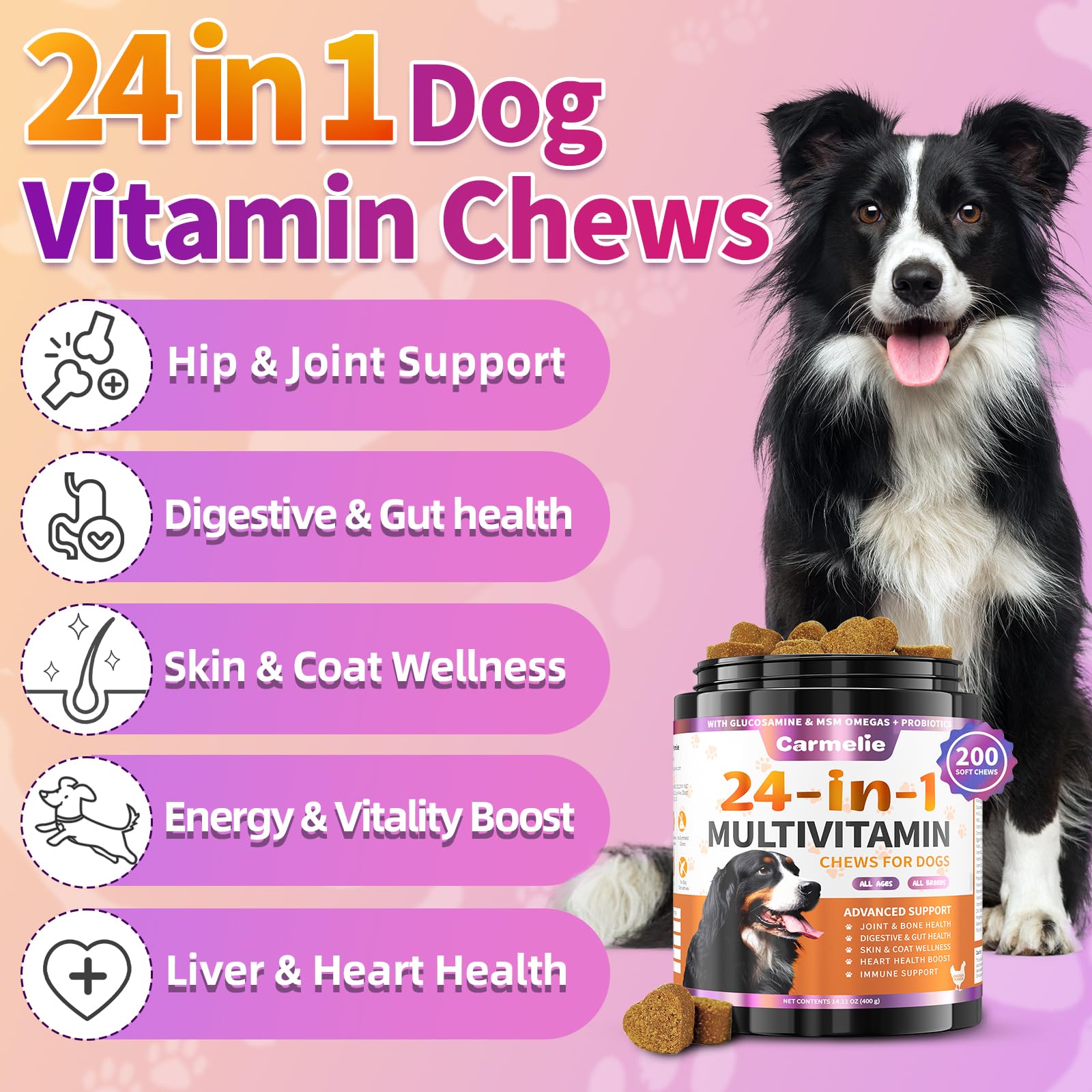 Carmelie glucosamine and probiotics chews for joint comfort and gut balance