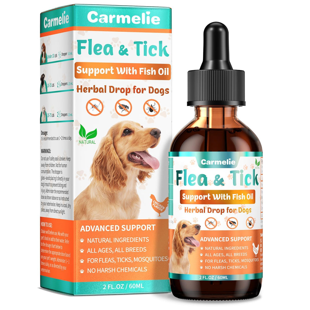 Carmelie drops bottle with chicken flavor for easy daily dosing.