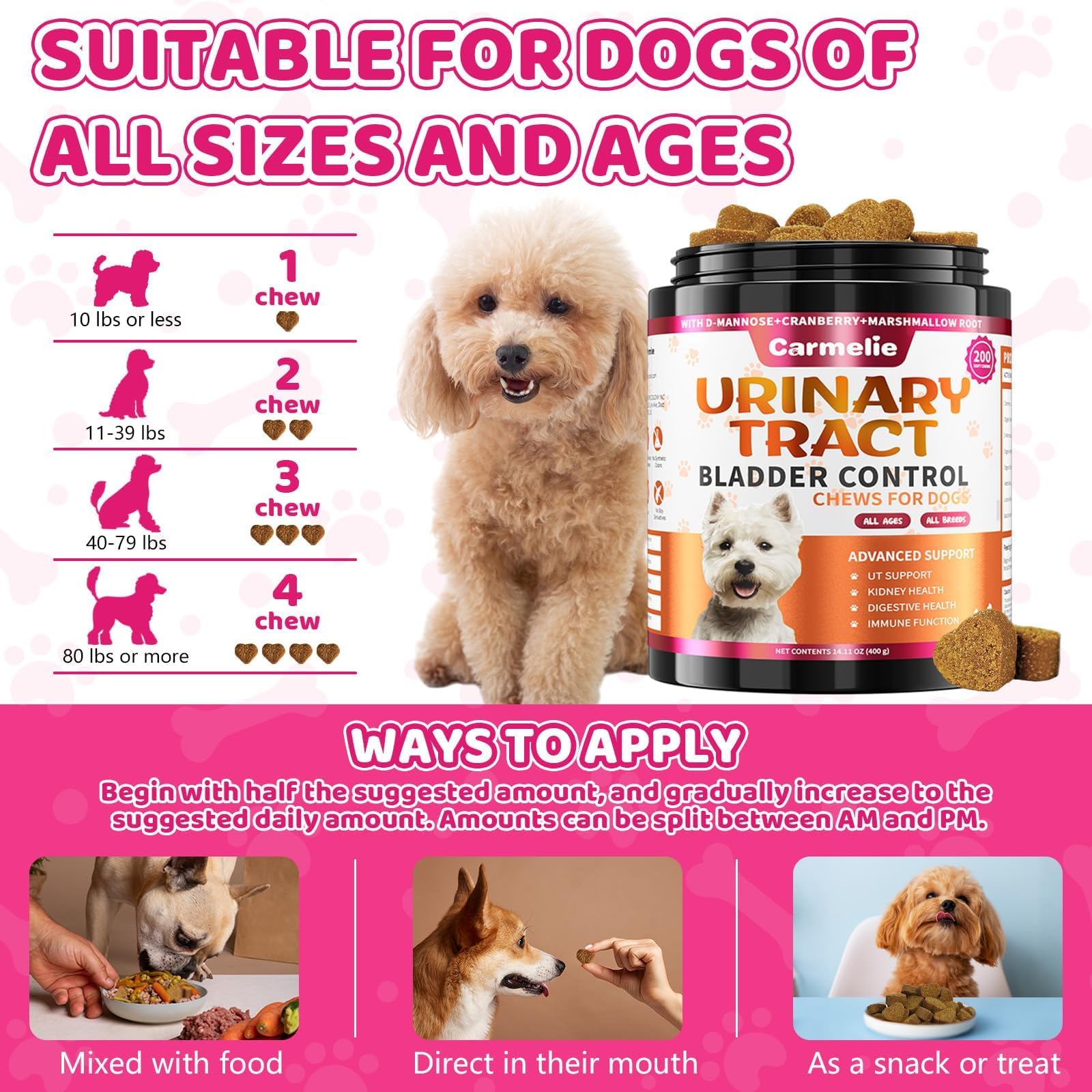 Carmelie easy-to-administer canine treats suitable for all breeds.