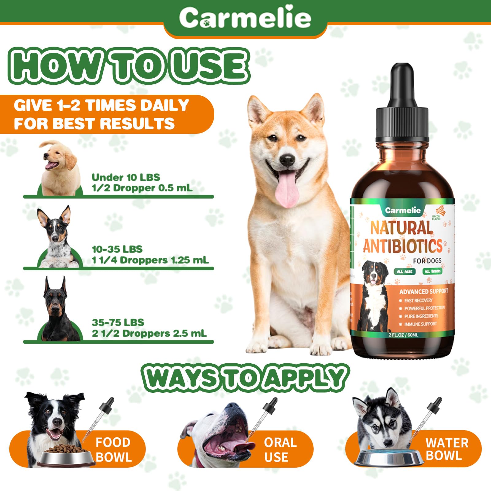 Carmelie bacon-flavored drops designed for easy administration by pet owners.