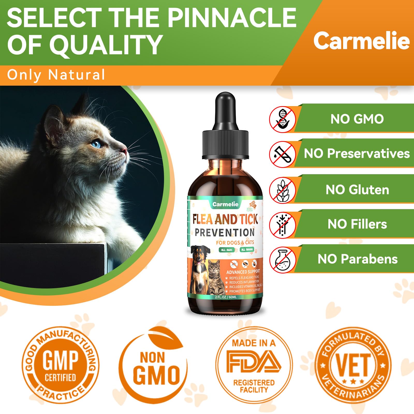 Carmelie dosing guide graphic showing weight-based droppers and amounts.