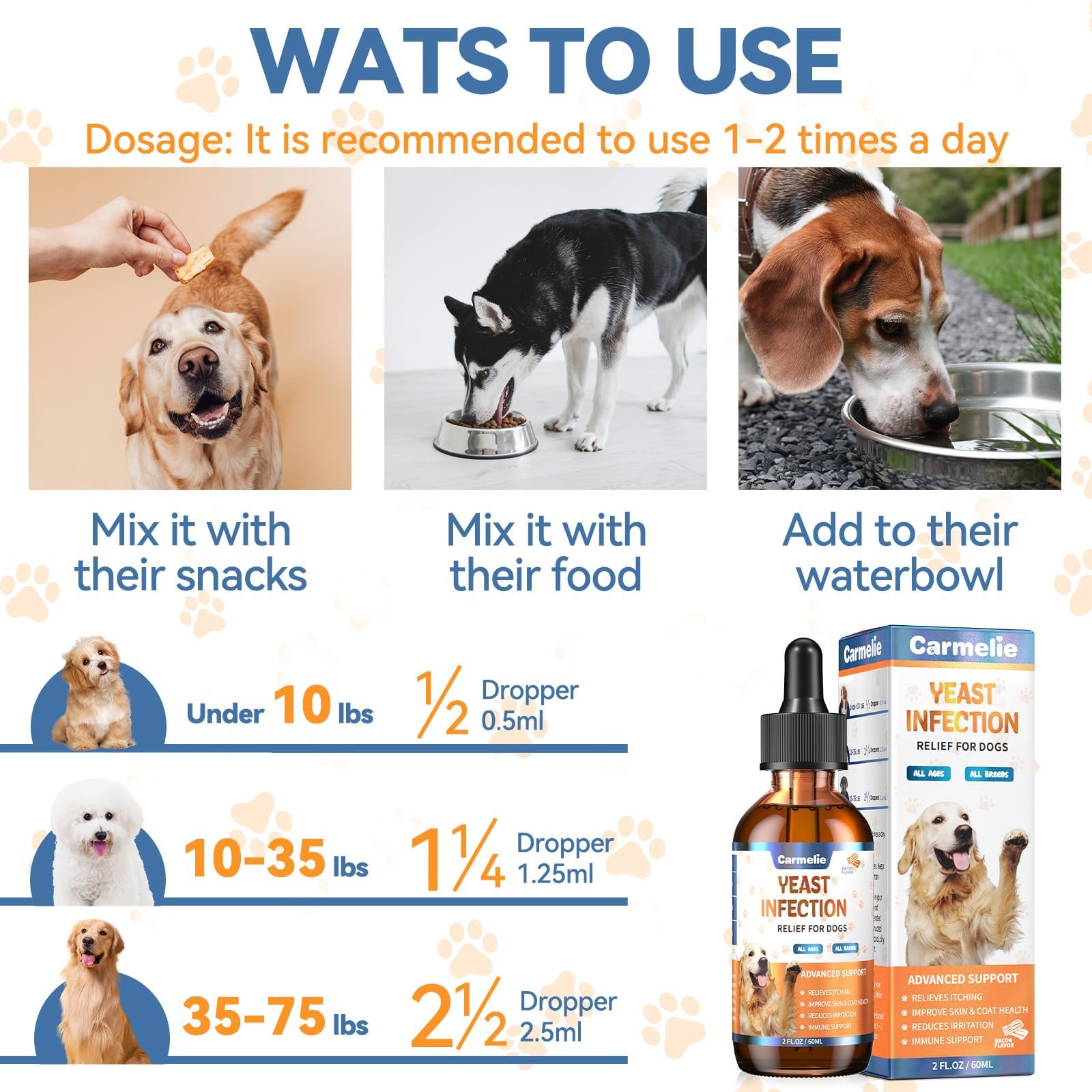 Carmelie fast-absorbing dog liquid for quick relief
