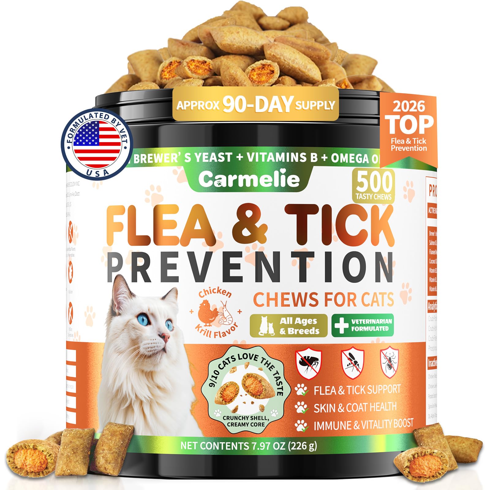 Carmelie flea chews bottle for cats, daily defense against fleas and ticks