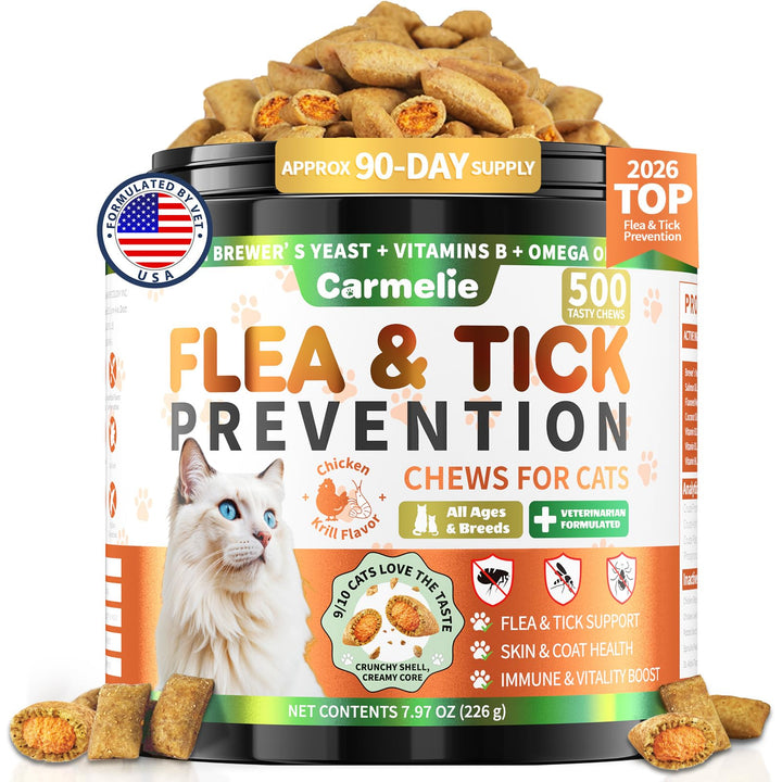 Carmelie flea chews bottle for cats, daily defense against fleas and ticks