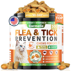 Carmelie flea chews bottle for cats, daily defense against fleas and ticks