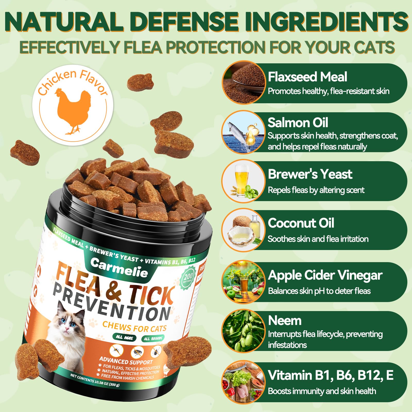 Carmelie flea tick chews serving image illustrates easy daily dosage for cats