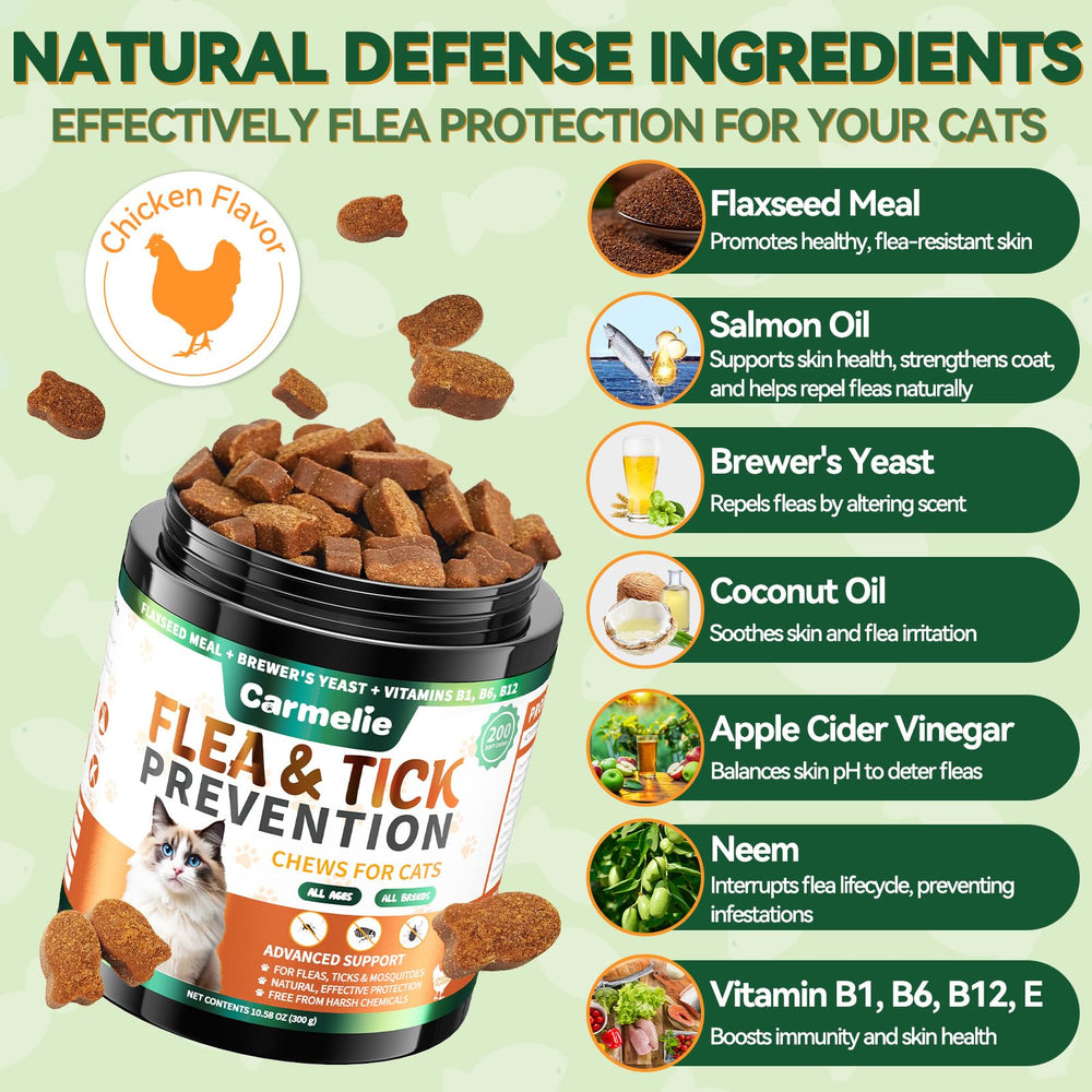 Carmelie flea tick chews serving image illustrates easy daily dosage for cats