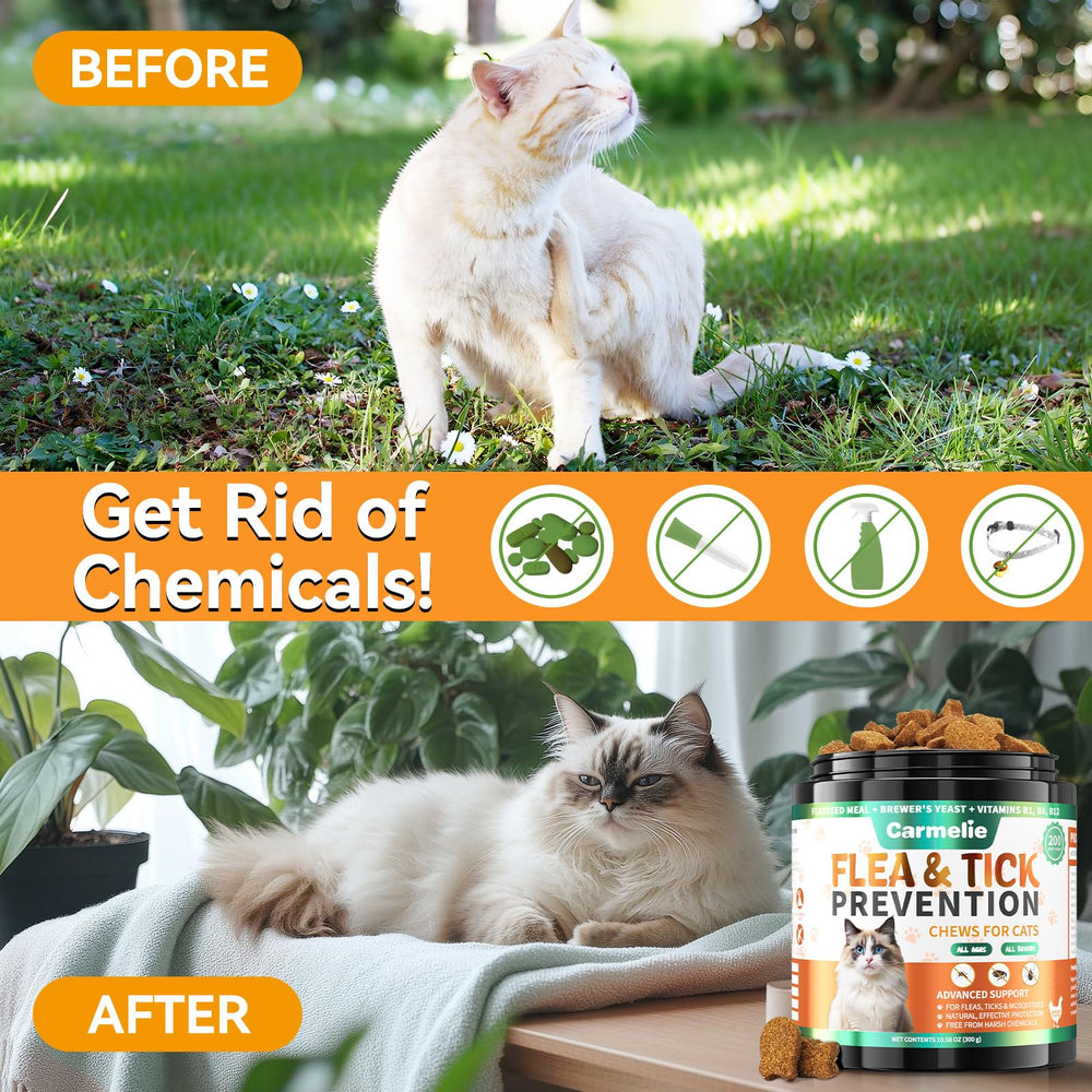 Carmelie flea tick chews skin health support shown in product visuals