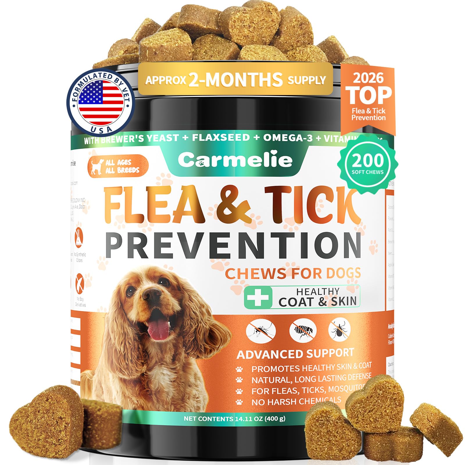 Carmelie flea-tick chews chicken flavor serving for easy daily protection
