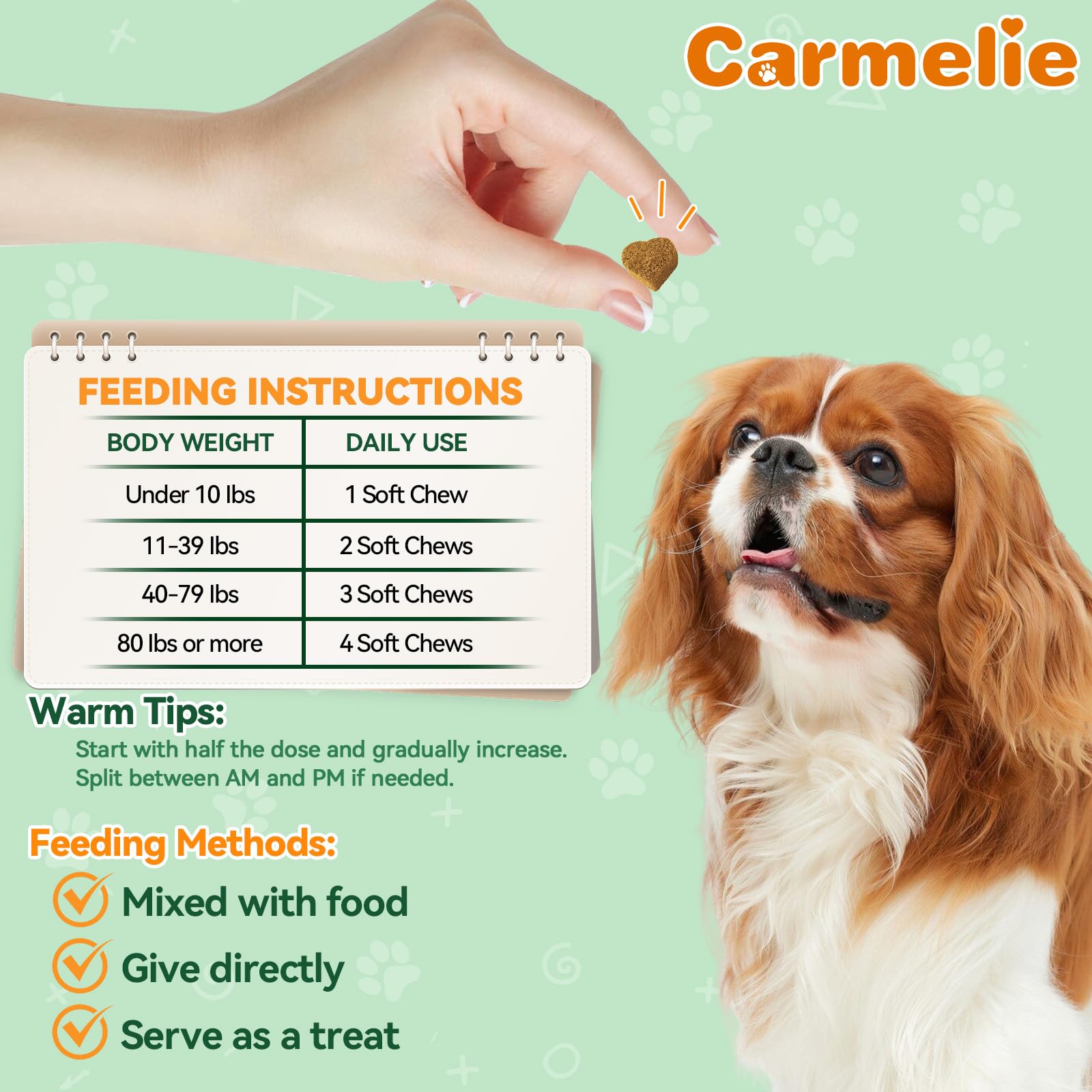 Carmelie flea-tick chews natural ingredients emphasized on packaging