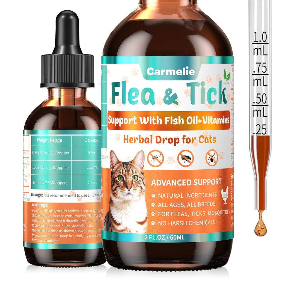 Carmelie flea-tick drops bottle shows easy-to-use kitty treatment for flea prevention.