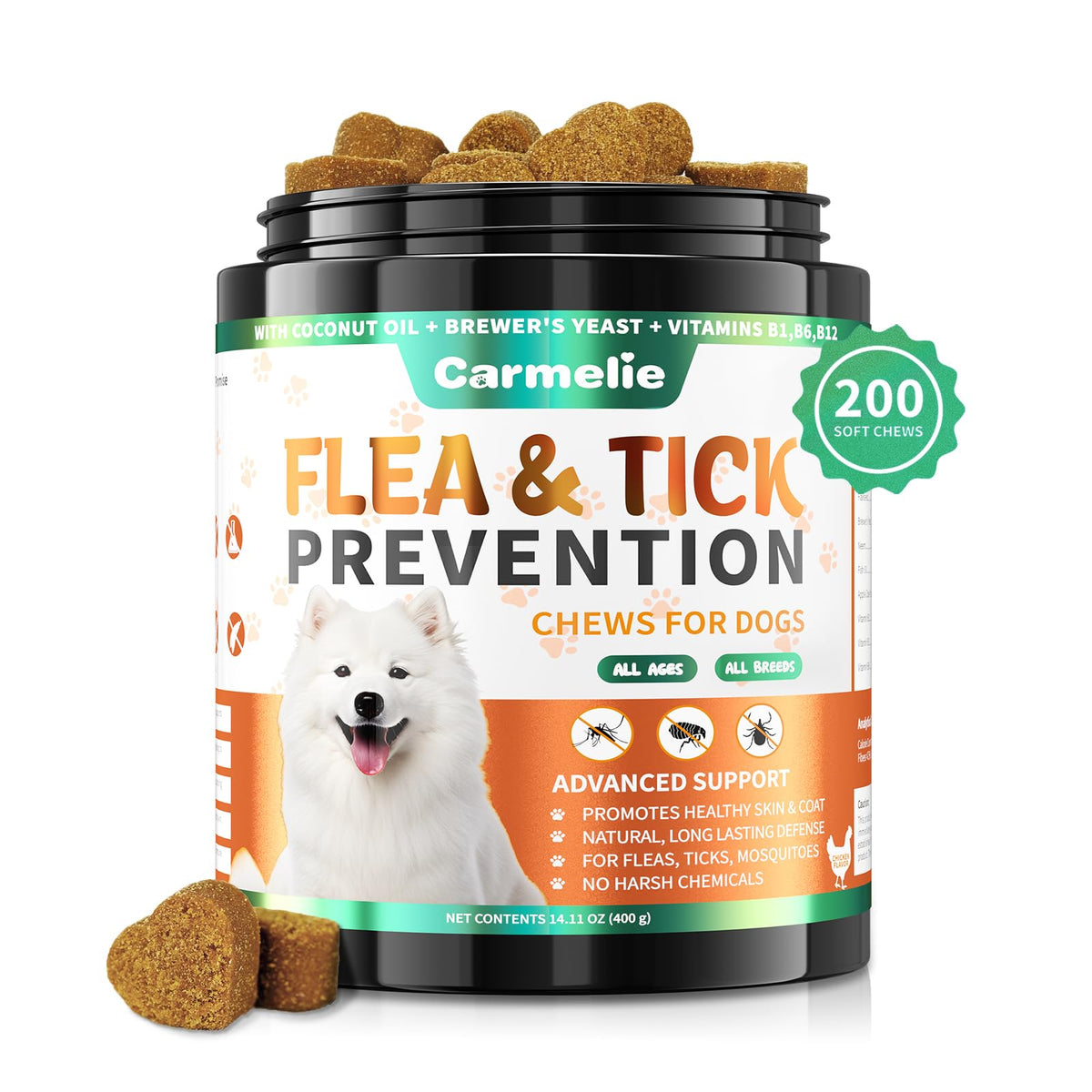 Carmelie flea and tick chews for dogs support daily pest prevention for all breeds
