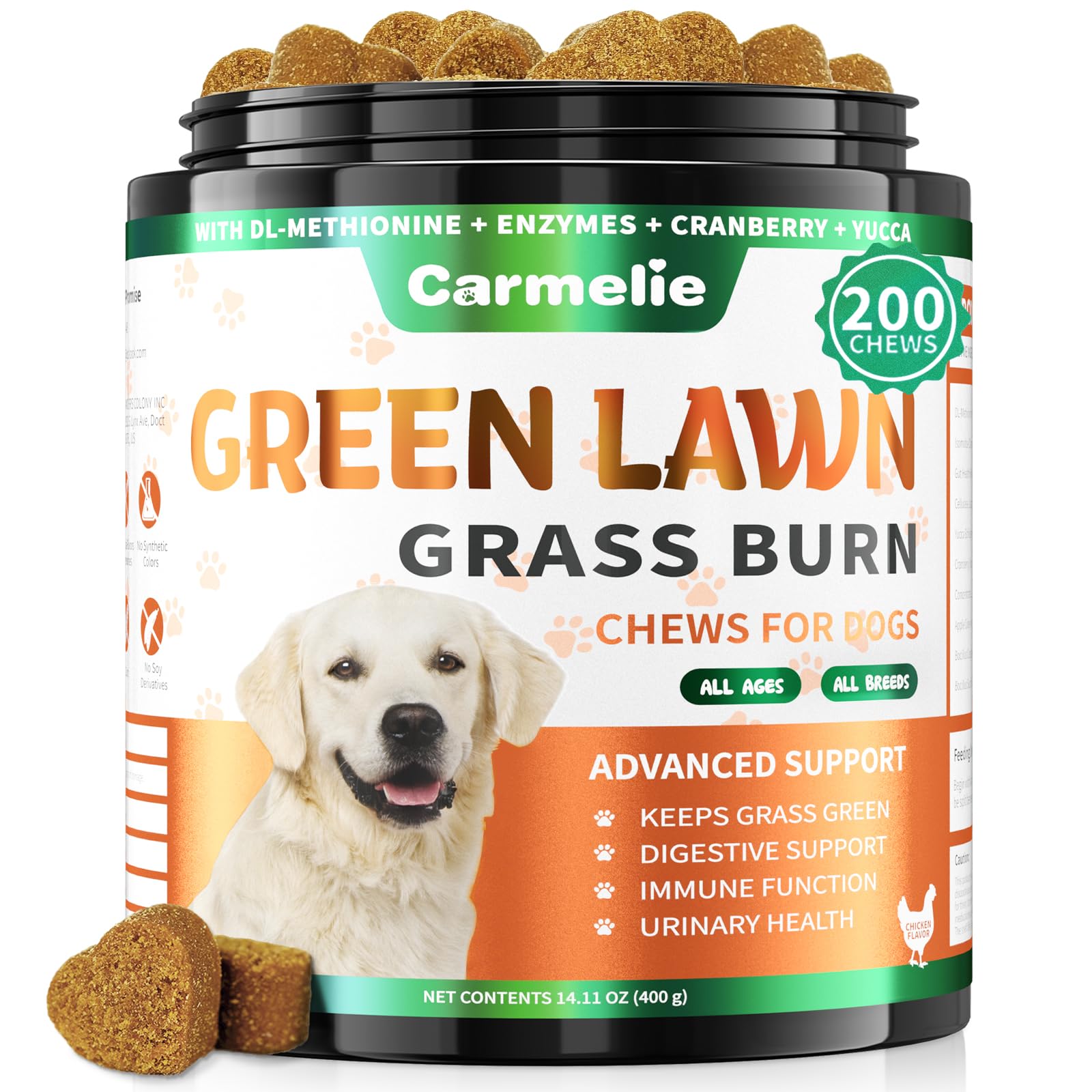 Carmelie Grass Burn Spot Chews bottle for easy daily dosing to protect your lawn.