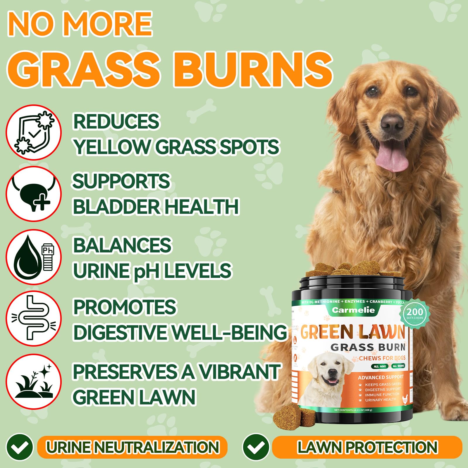 Carmelie Grass Burn Spot Chews on a lush lawn help promote greener grass.