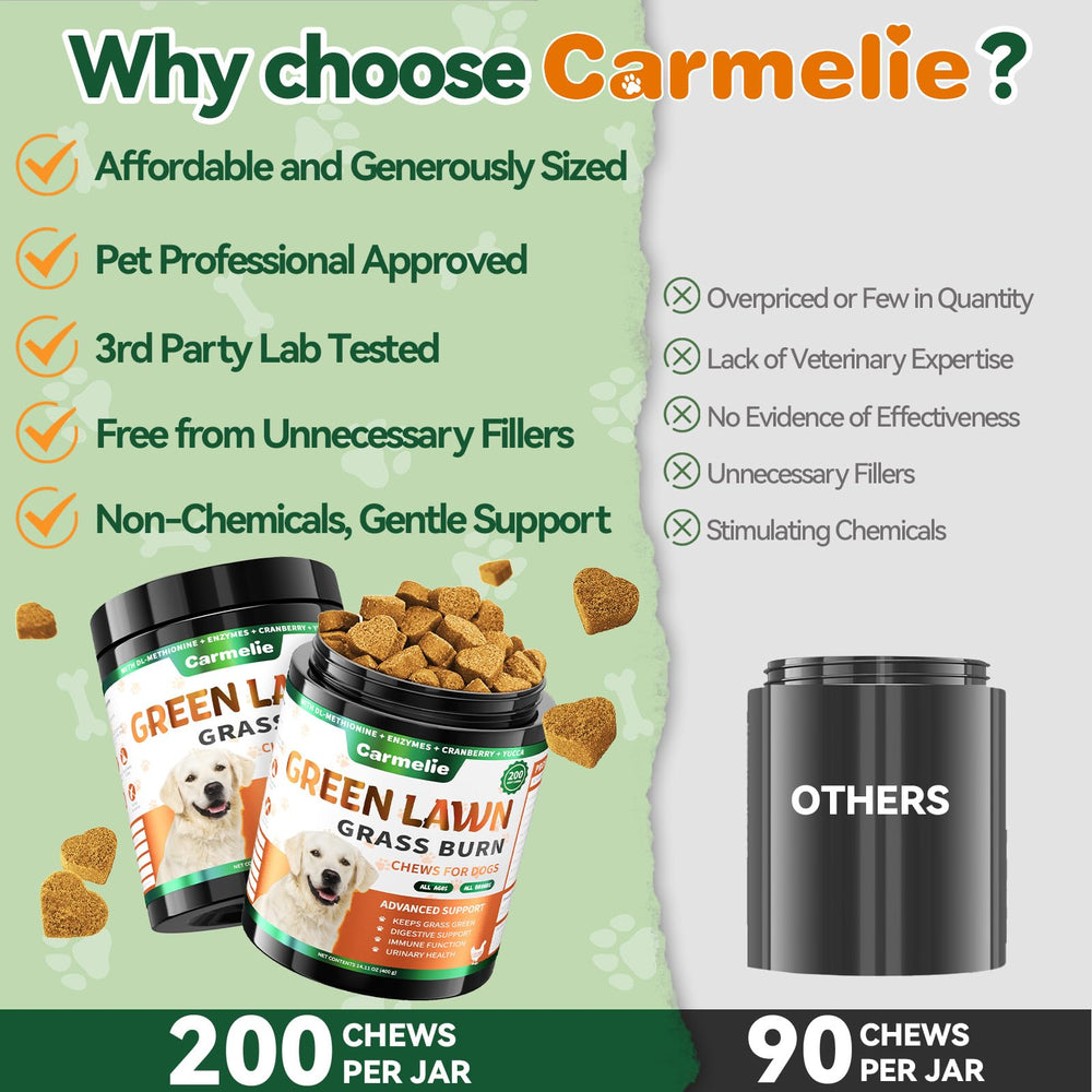 Carmelie Grass Burn Spot Chews 200-count jar for long-term lawn care.