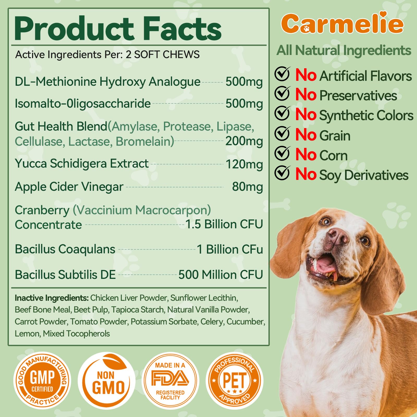Carmelie Grass Burn Spot Chews with probiotics and enzymes support digestion.