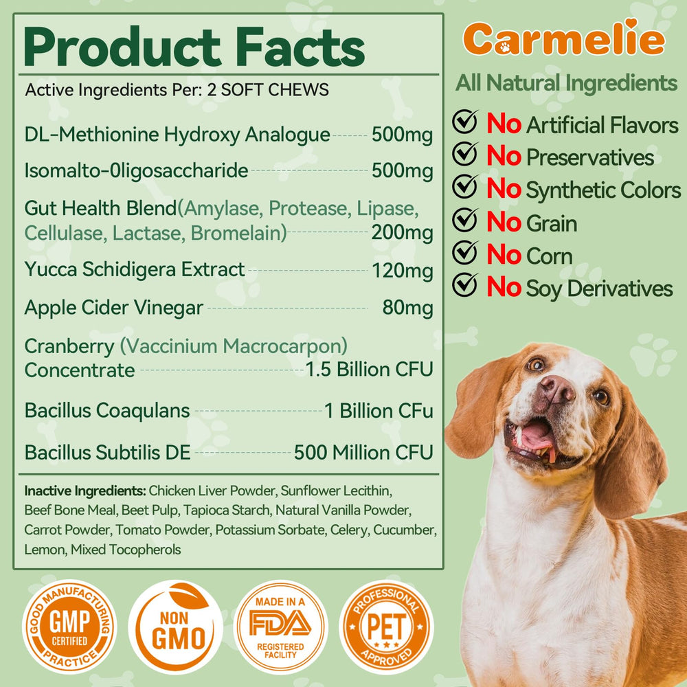 Carmelie Grass Burn Spot Chews with probiotics and enzymes support digestion.