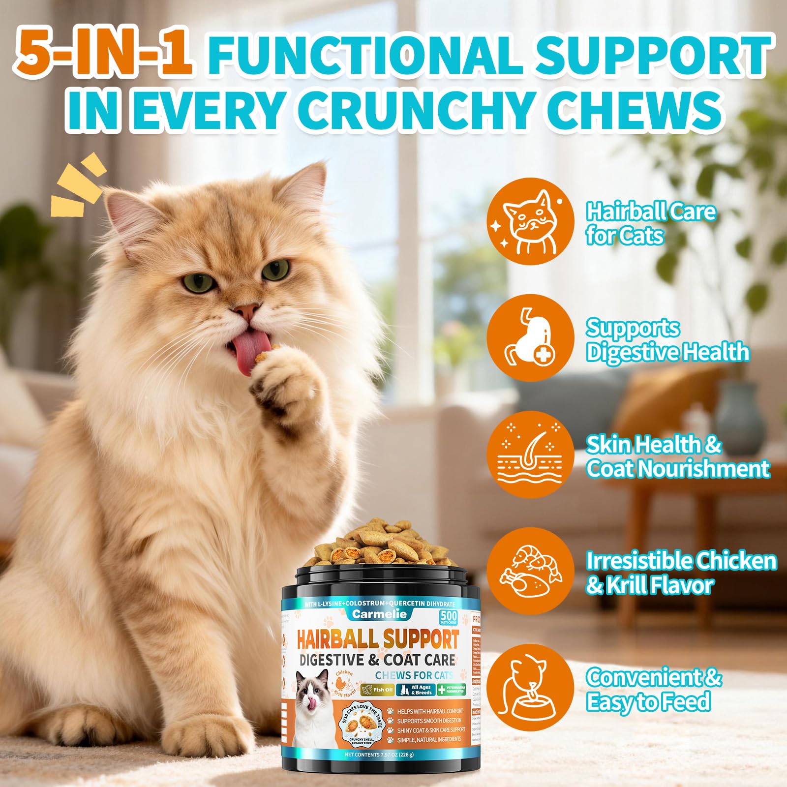 Carmelie Hairball Treat chicken-krill flavor entices picky cats during grooming.