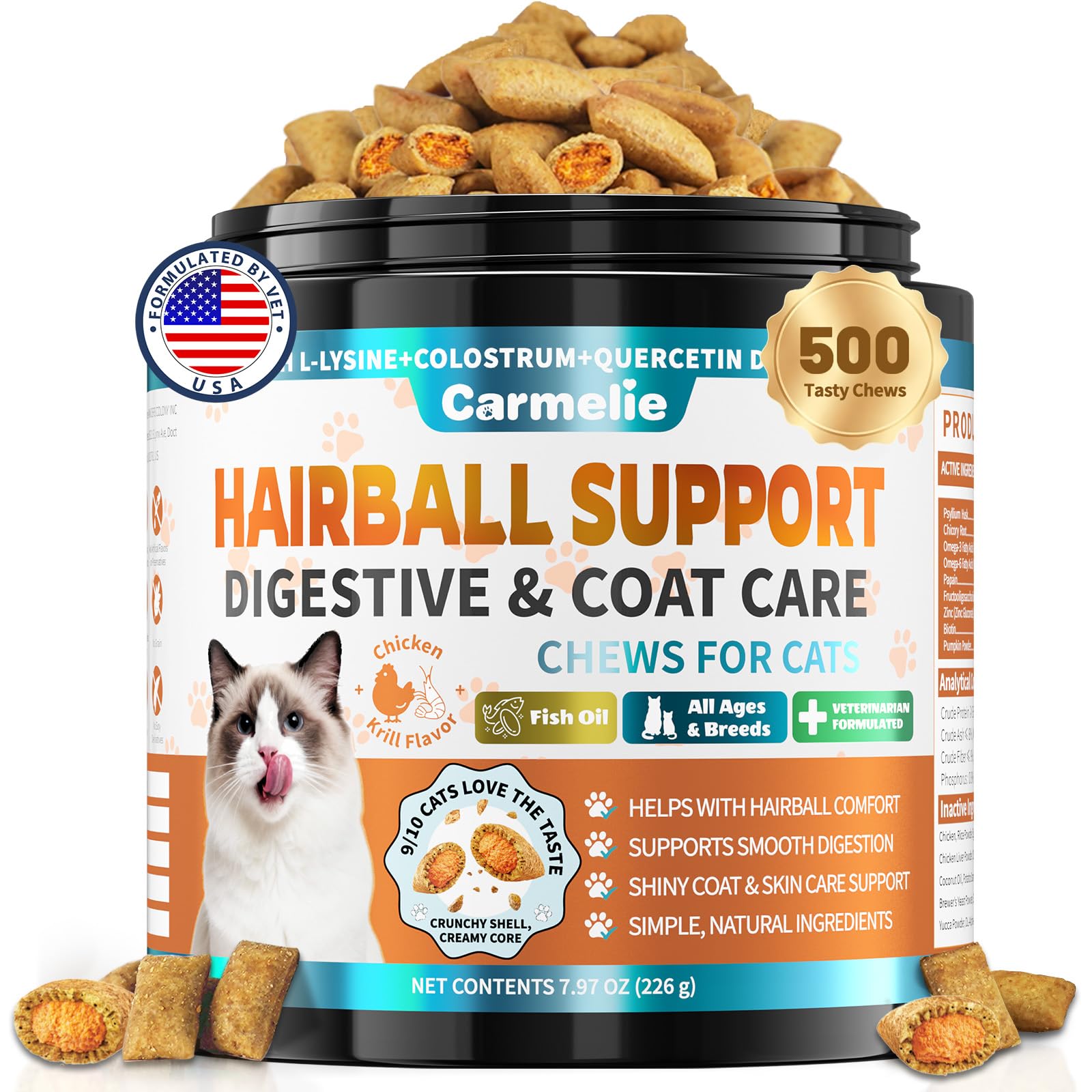 Carmelie Hairball Treat tub open for easy grooming support in indoor cats.