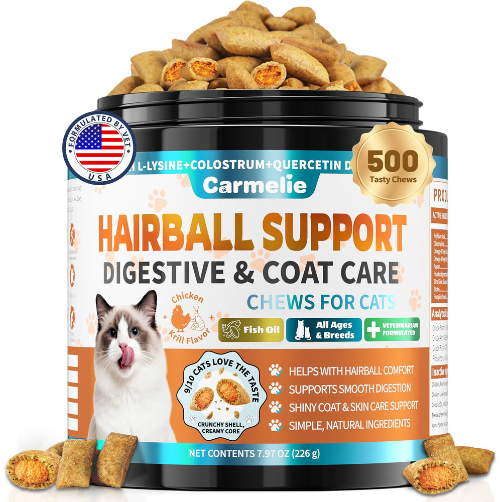 Carmelie Hairball Treat tub open for easy grooming support in indoor cats.