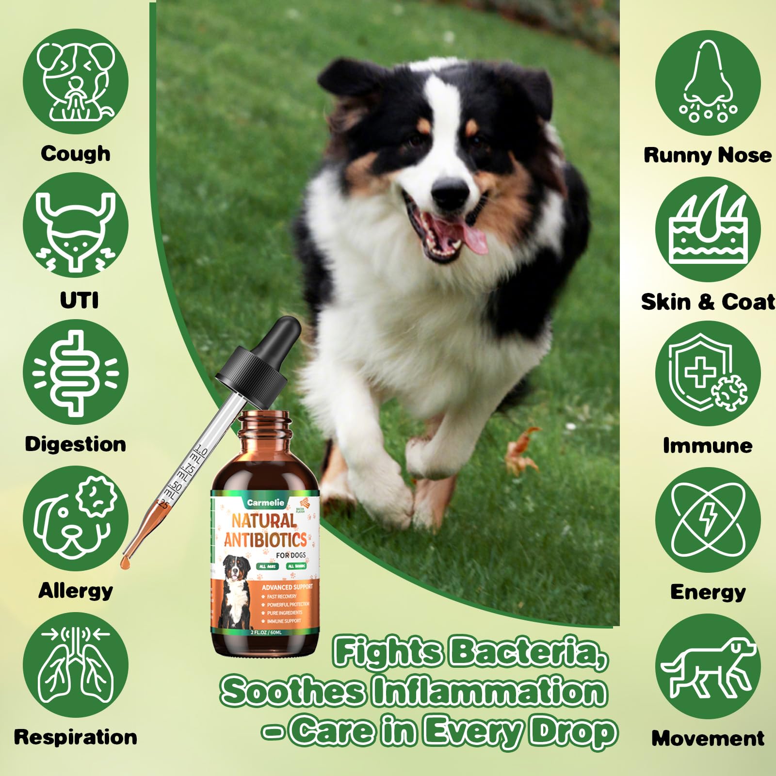 Carmelie herbal drops for pets with bacon flavor to appeal to dogs.