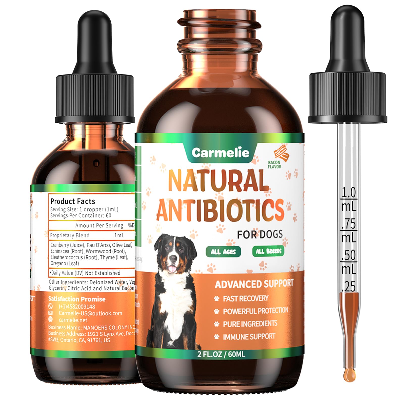 Carmelie natural dog antibiotics bottle showing packaging for skin support and vitality.