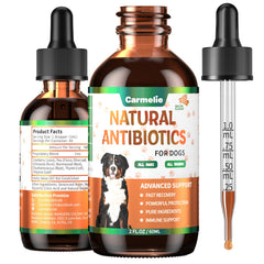 Carmelie natural dog antibiotics bottle showing packaging for skin support and vitality.