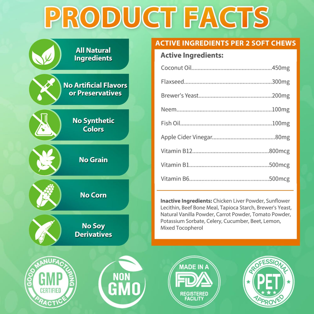 Carmelie natural ingredients include coconut oil, garlic powder, flaxseed, and brewers yeast